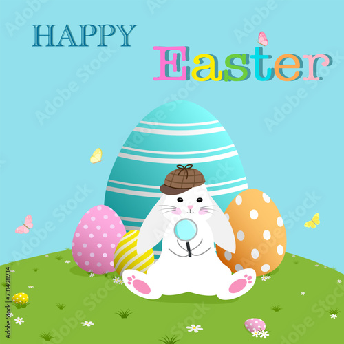 Happy Easter celebration vector illustration, cute bunny rabbit holds glass to find painted eggs in spring field flower meadow garden with beautiful butterfly on blue sky, Easter egg hunt.