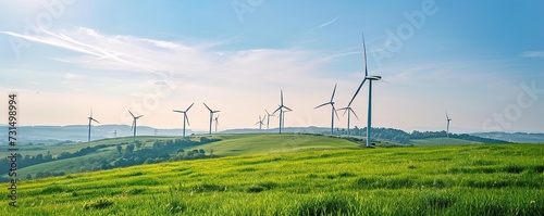 Windmills on a green meadow, electric power production