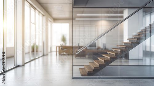 Contemporary office background in natural light, with elegant wooden staircase, for architectural and interior design presentations, corporate brochure.
