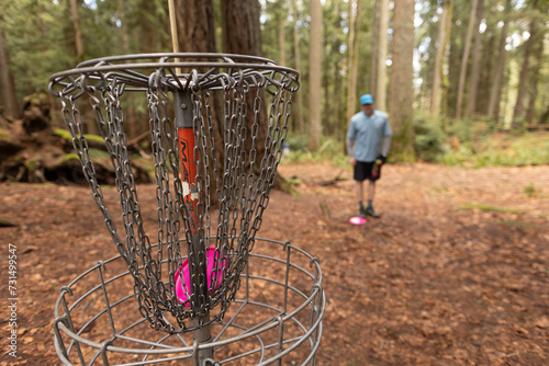 Medium shot of a disc hitting the chains in the basket with an out-of-focus disc golfer in the background on the Kitsap Peninsula photo