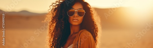 Woman Wearing Sunglasses in Desert Banner. photo
