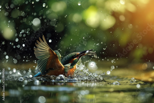 Kingfisher emerging from the water after an unsuccessful dive to grab a fish