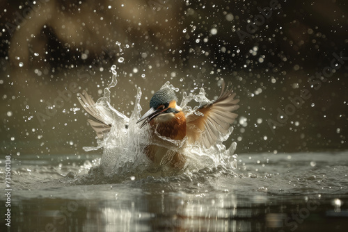 Kingfisher emerging from the water after an unsuccessful dive to grab a fish © Kien
