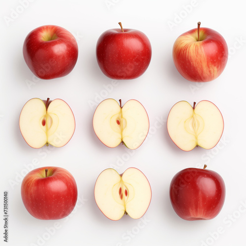 Fresh Apple Whole and Sliced Varieties on a Clean White Background