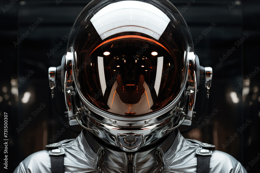 Fototapeta premium close-up of a futuristic astronaut on a black background, ready to go into space