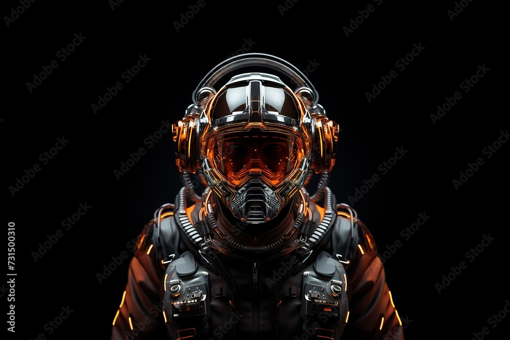 close-up of a futuristic astronaut on a black background, ready to go into space
