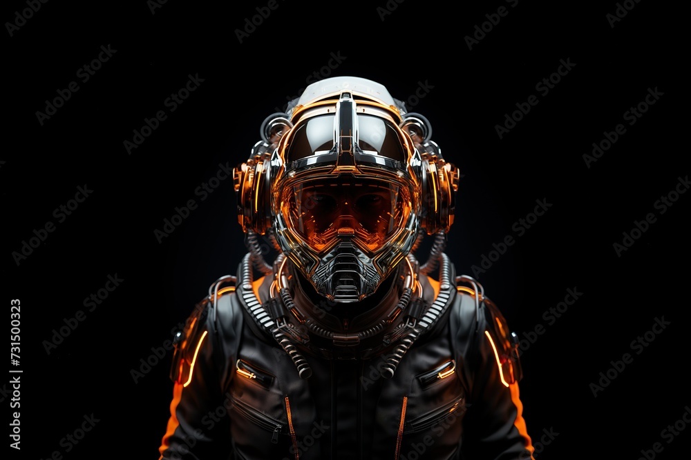 close-up of futuristic astronaut on black background