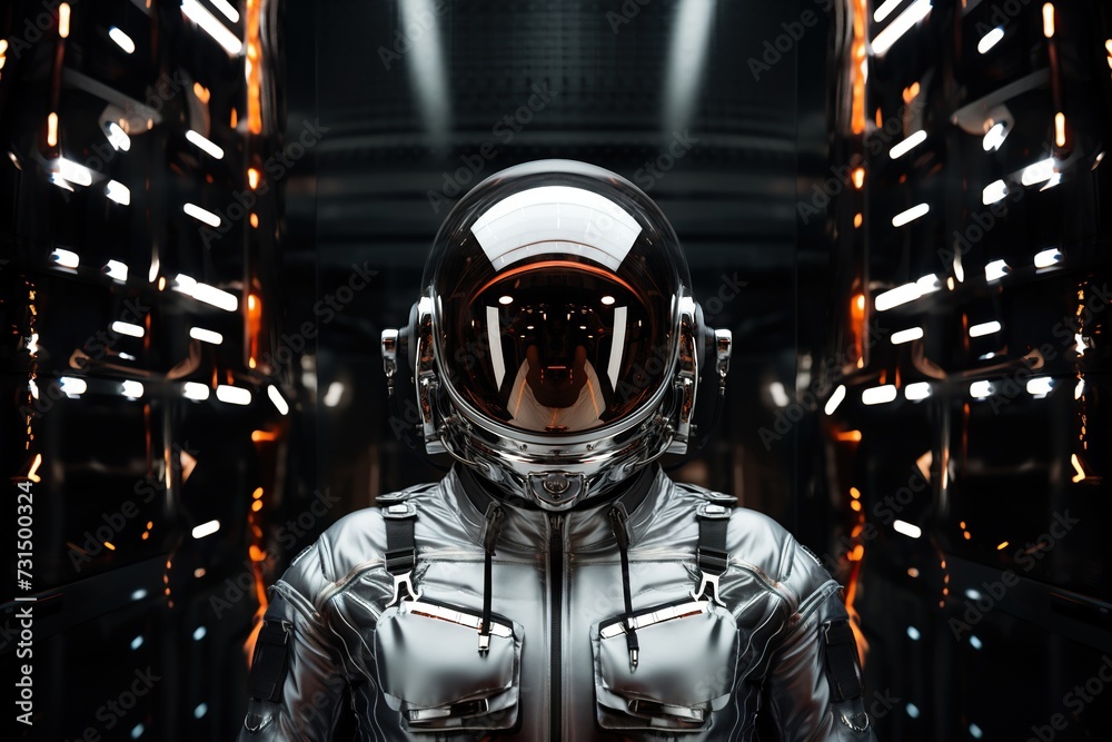close-up of futuristic astronaut in his spacecraft