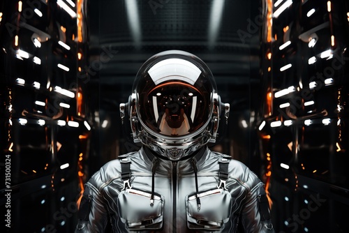 close-up of futuristic astronaut in his spacecraft
