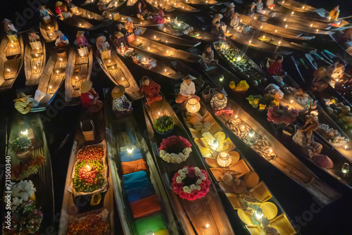 Damnoen Saduak Floating Market or Amphawa. Local people sell fruits, traditional food on boats in canal, Ratchaburi District, Thailand. Famous Asian tourist attraction destination. Festival in Asia. photo
