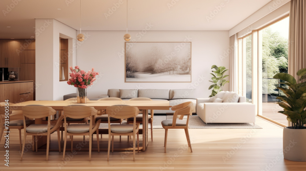 Fototapeta premium Modern interior design of apartment, dining room with table and chairs, empty living room