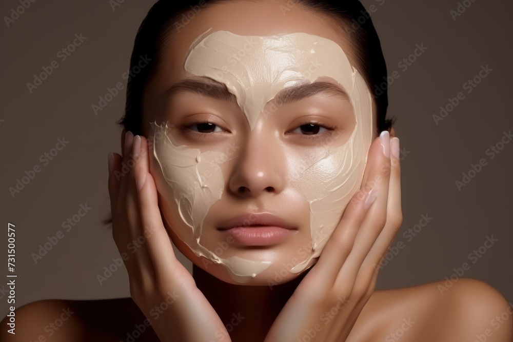Beautiful young woman with clay facial mask on her face. Beauty treatment. Beautiful young woman with clay facial mask on her face. Beauty treatment.