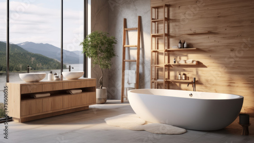 Modern bathroom interior with wooden decor in eco style