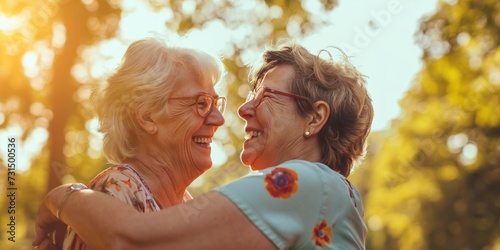 Hug, park and senior women with retirement, smile and happiness with bonding, quality time and relax. Friends, old ladies and female people outdoor, happy and retired with embrace, peace and wellness