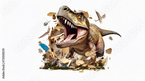 An impressive rear illustration of a tyrannosaurus bursting out of a sheet of paper