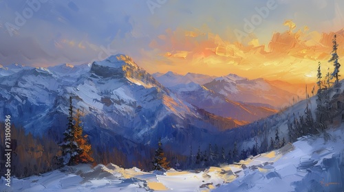 Oil painting of a mountain landscape with sunrise colors and shadows  © Thanthara