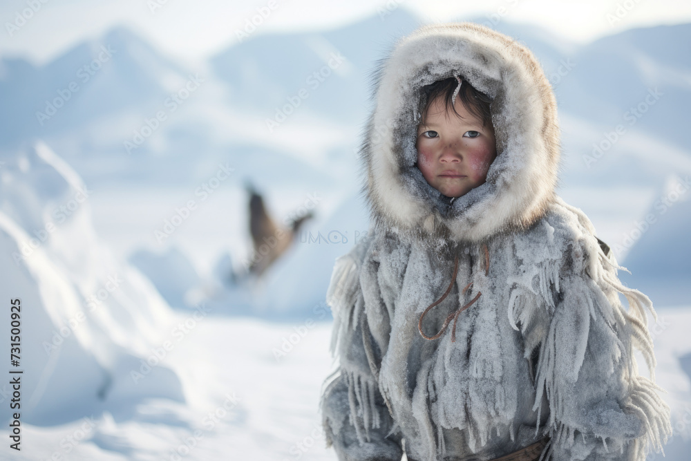 Inuit child standing in snowy landscape of Alaska