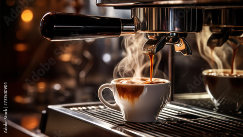 stainless steel coffee machine hums with life as steam billows from its spout