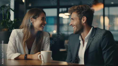 business professionals engaging in a conversation with cheerful smiles on their faces