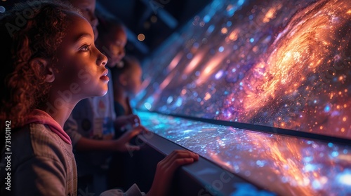 Young Child Mesmerized by Cosmic Exhibit at Modern Museum.