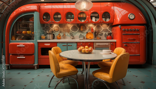 eccentric retro kitchen decoration interior with vibrant bright colors