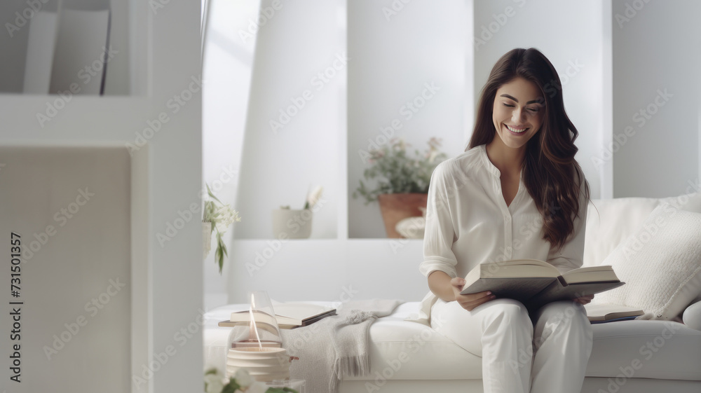 Happy woman reading at minimalist bedroom Happy woman reading at minimalist bedroom