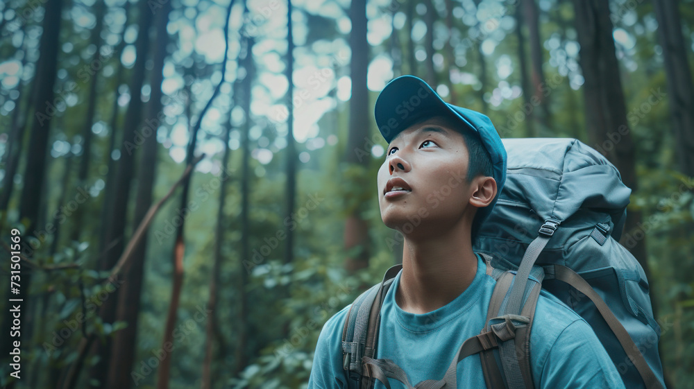 Young Asian traveling backpacker in forest Young Asian traveling backpacker in forest