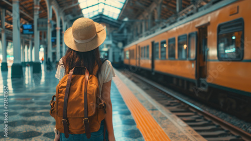 Young asian woman traveler with backpack in the railway,