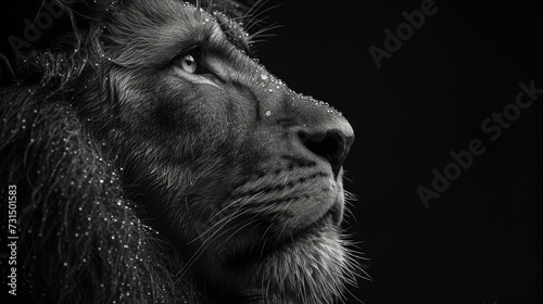 Majestic Black and White Lion Profile in Thoughtful Pose. photo