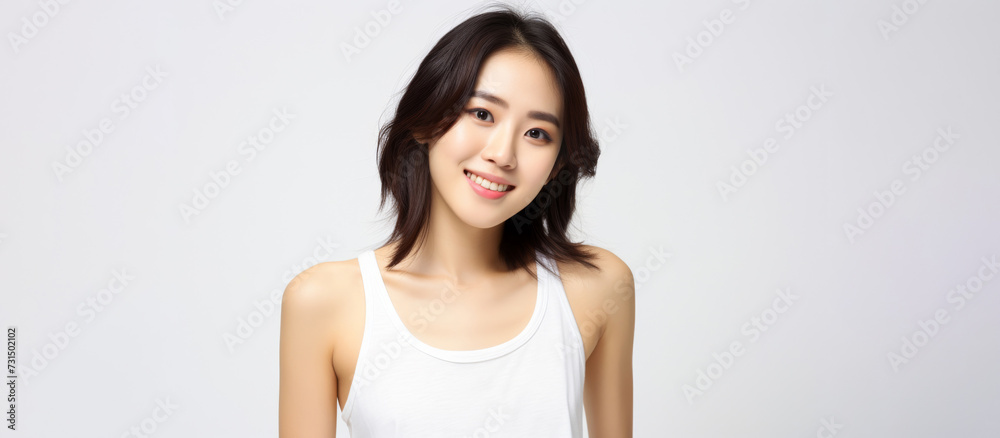 Adorable young girl clad in snug vest undergarments, showcasing her style against a pristine white background. Generative AI. Adorable young girl clad in snug vest undergarments, showcasing her style against a pristine white background. Generative AI.