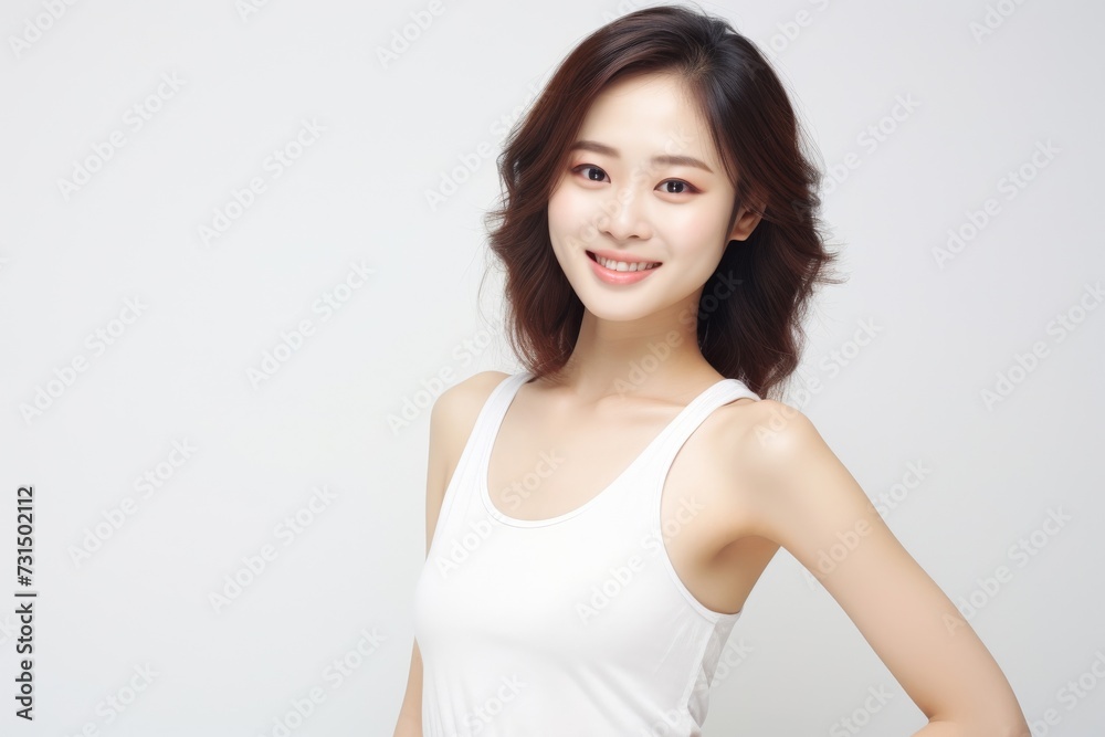 Adorable young girl clad in snug vest undergarments, showcasing her style against a pristine white background. Generative AI. Adorable young girl clad in snug vest undergarments, showcasing her style against a pristine white background. Generative AI.