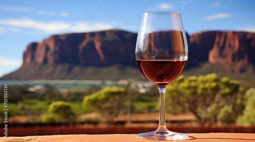 Wineglass of red wine on table with view on mountains in background. Australian wine concept.