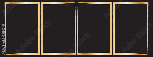 Set of rough gold grunge Japanese rectangular frames. Golden foil ink torn box. Vector isolated in black background. In eps10.
