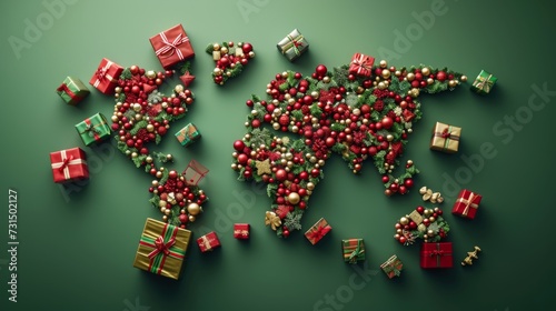 World map made of Christmas decorations. All continents of the happy world world