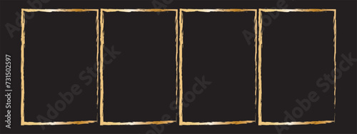 Set of rough gold grunge Japanese rectangular frames. Golden foil ink torn box. Vector isolated in black background. In eps10.