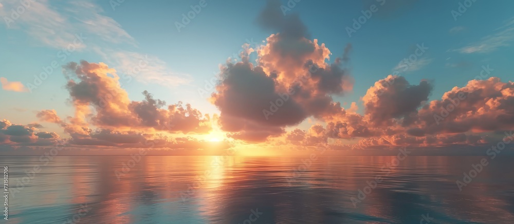 A picturesque scene unfolds as the sun sets, casting a warm afterglow over the tranquil body of water, accompanied by clouds in the sky.