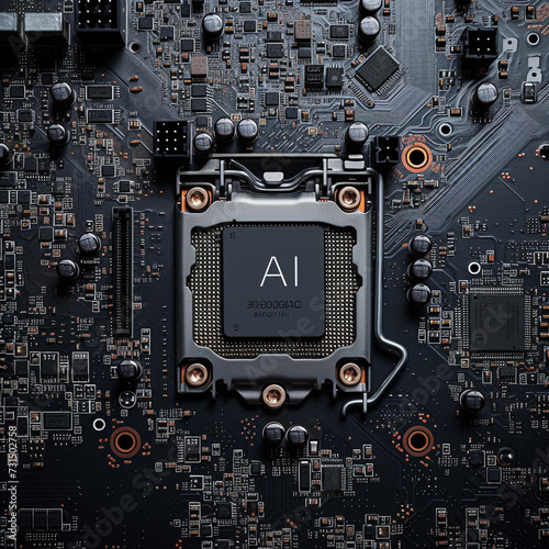 Illustration, top view of a complex modern technology computer motherboard with the text "AI" on the chipset in the middle. Modern technologies.