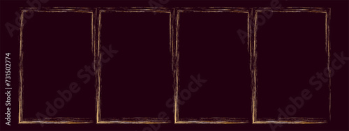 Set of rough gold grunge Japanese rectangular frames. Golden foil ink torn box. Vector isolated in black background. In eps10.