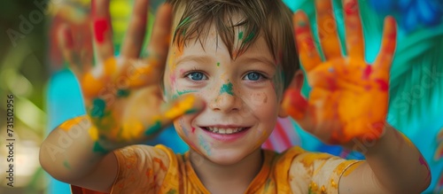 A happy young boy with colorful hands  a smiling face  eyebrows  eyelashes  and a cheerful smile is expressing joy through his hair  nose  cheek  chin  and ears.