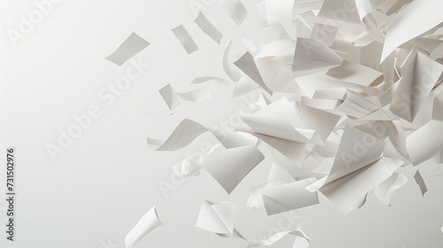 close up of flying paper and stack of papers on white background