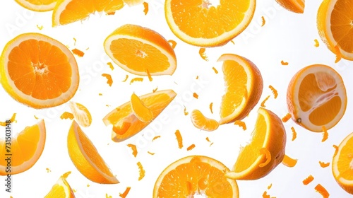 Falling orange and orange slices. Isolated on a white background.