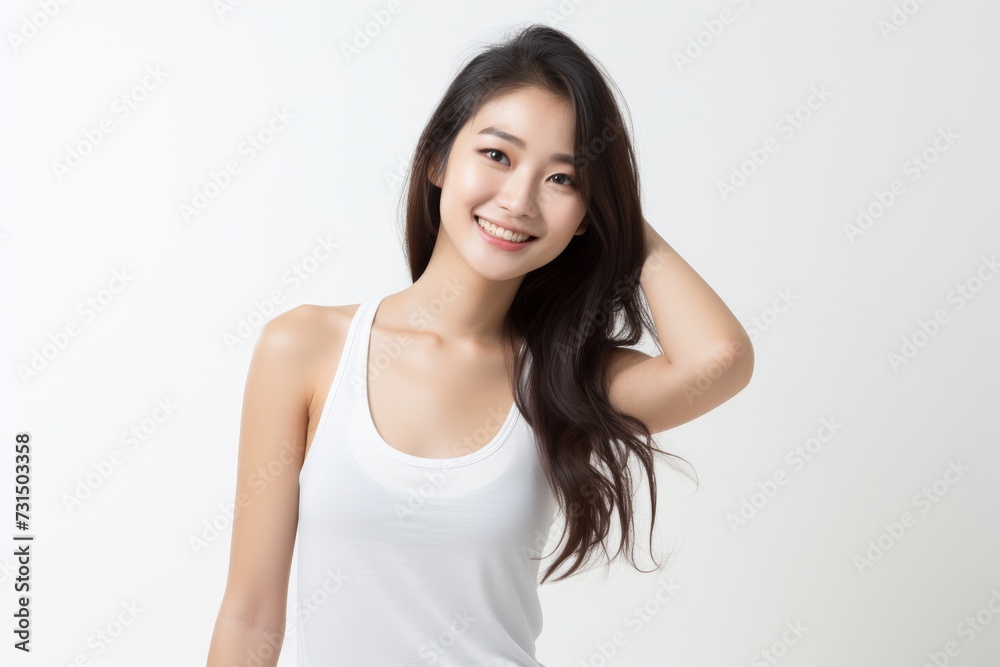 Sweet little girl donning comfy vest lingerie, posing with confidence on a clean white surface. Generative AI. Sweet little girl donning comfy vest lingerie, posing with confidence on a clean white surface. Generative AI.