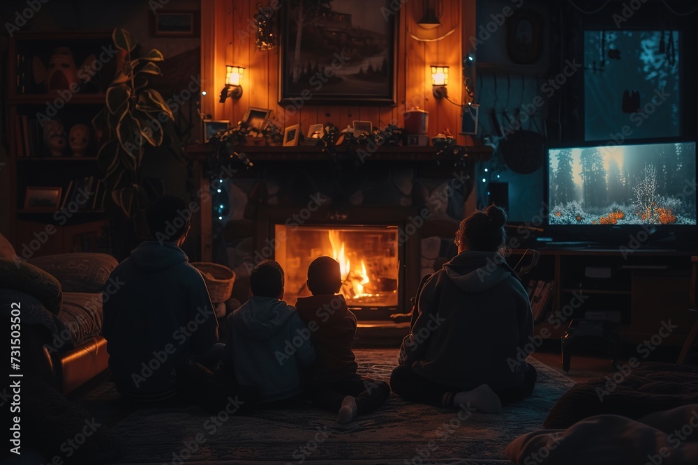 A cozy familial gathering by the fireplace, sharing stories in the warm glow of the fire