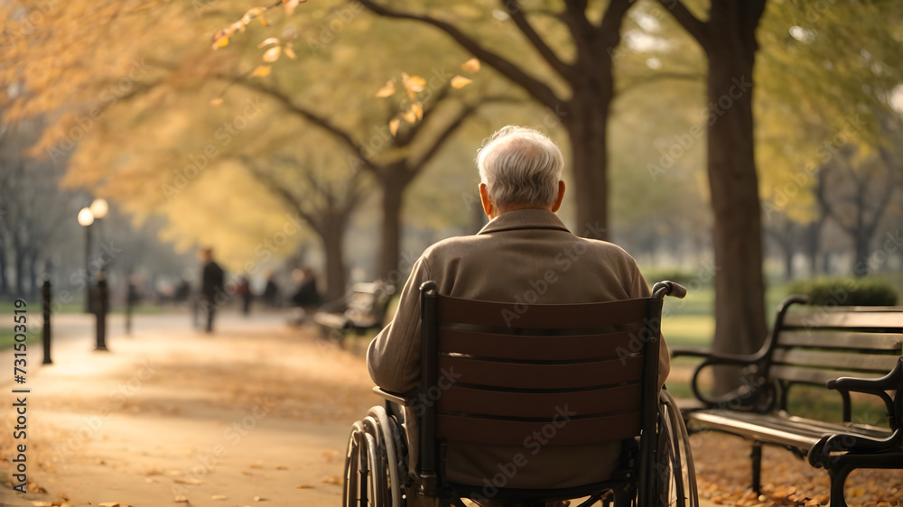 A silhouette of a lonely old man sitting on a wheelchair in a park - obrazy, fototapety, plakaty 