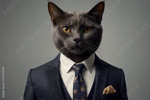 A funny cat wearing a suit with isolated background photo