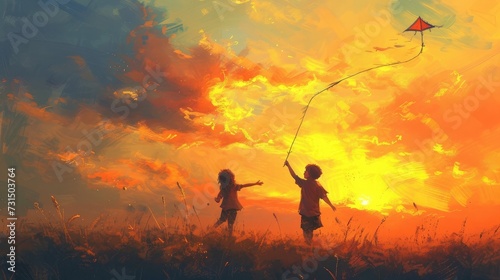 Two children enjoy flying a kite during sunset.