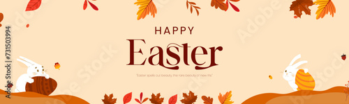 Easter poster and banner template with Easter eggs and autumn background. Greetings and presents for Easter Day in flat lay styling. Promotion and shopping template for Easter.
