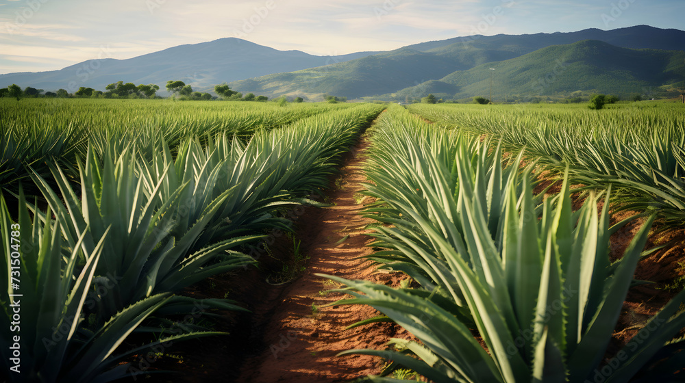 plantation of aloe growing in rows, a view of the mountains and the setting sun in the background plantation of aloe growing in rows, a view of the mountains and the setting sun in the background