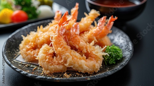 Crispy fried prawns served on a dark table.