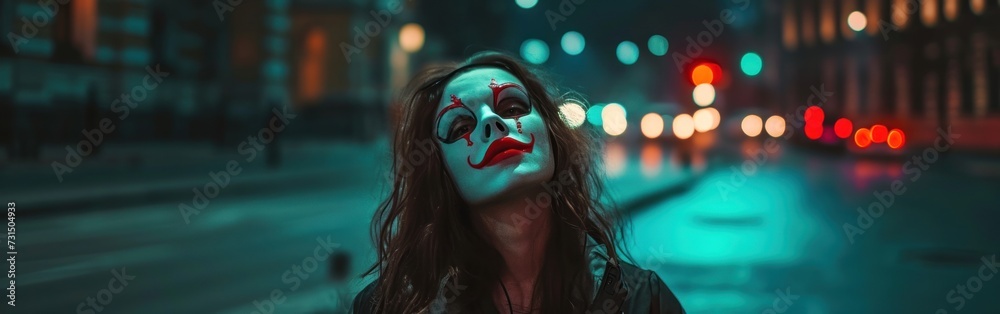 Horror woman with scary make up in the city at night. Banner.